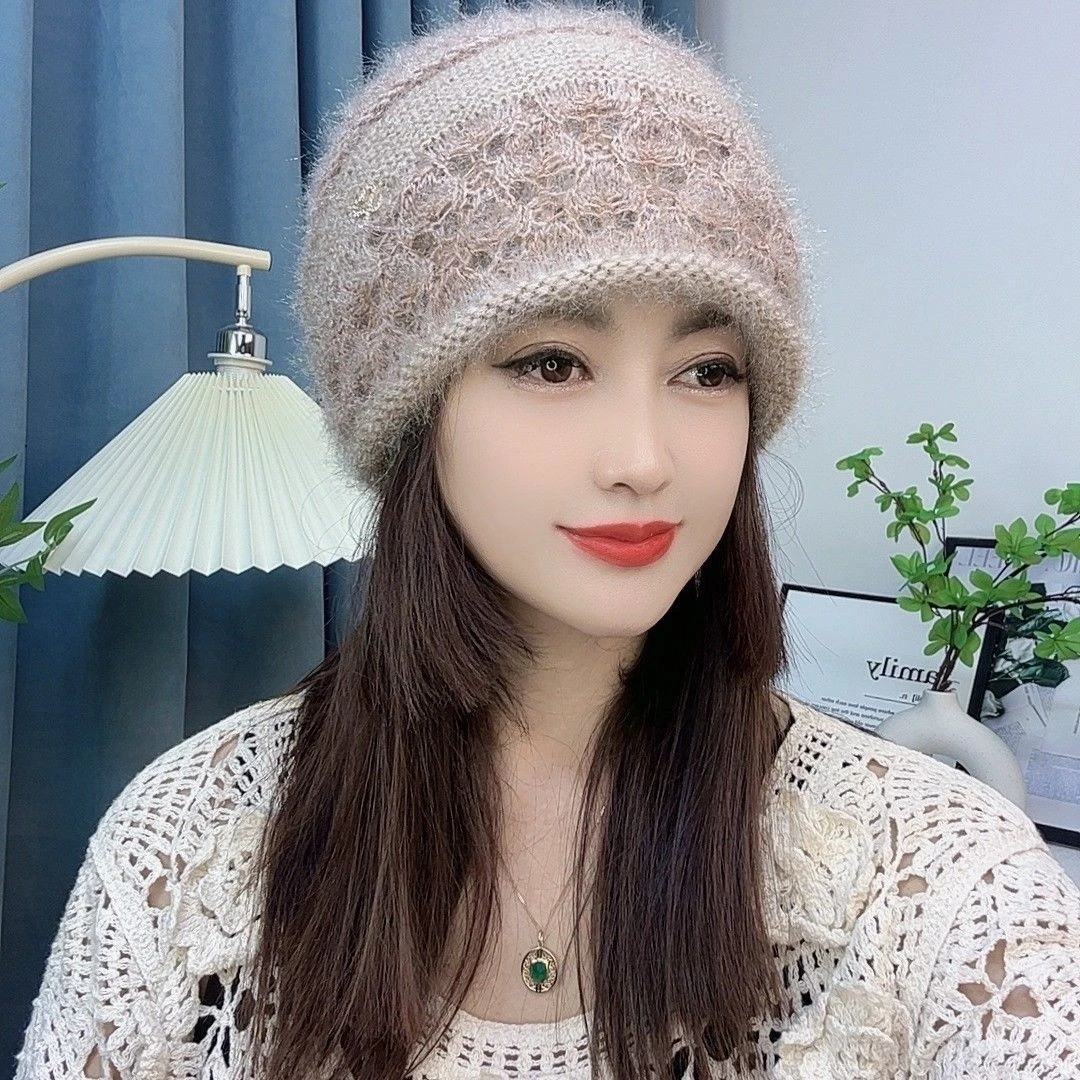 新款爆款冬款双层针织松鼠绒飘花保暖卷边包头帽女士加厚