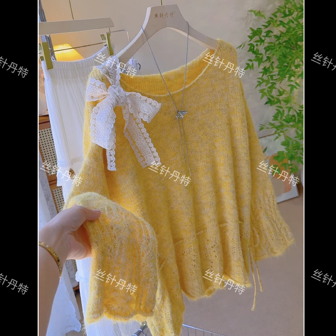 37温柔风松弛感蕾丝蝴蝶结绑带针织衫女早秋慵懒抽绳收腰上衣