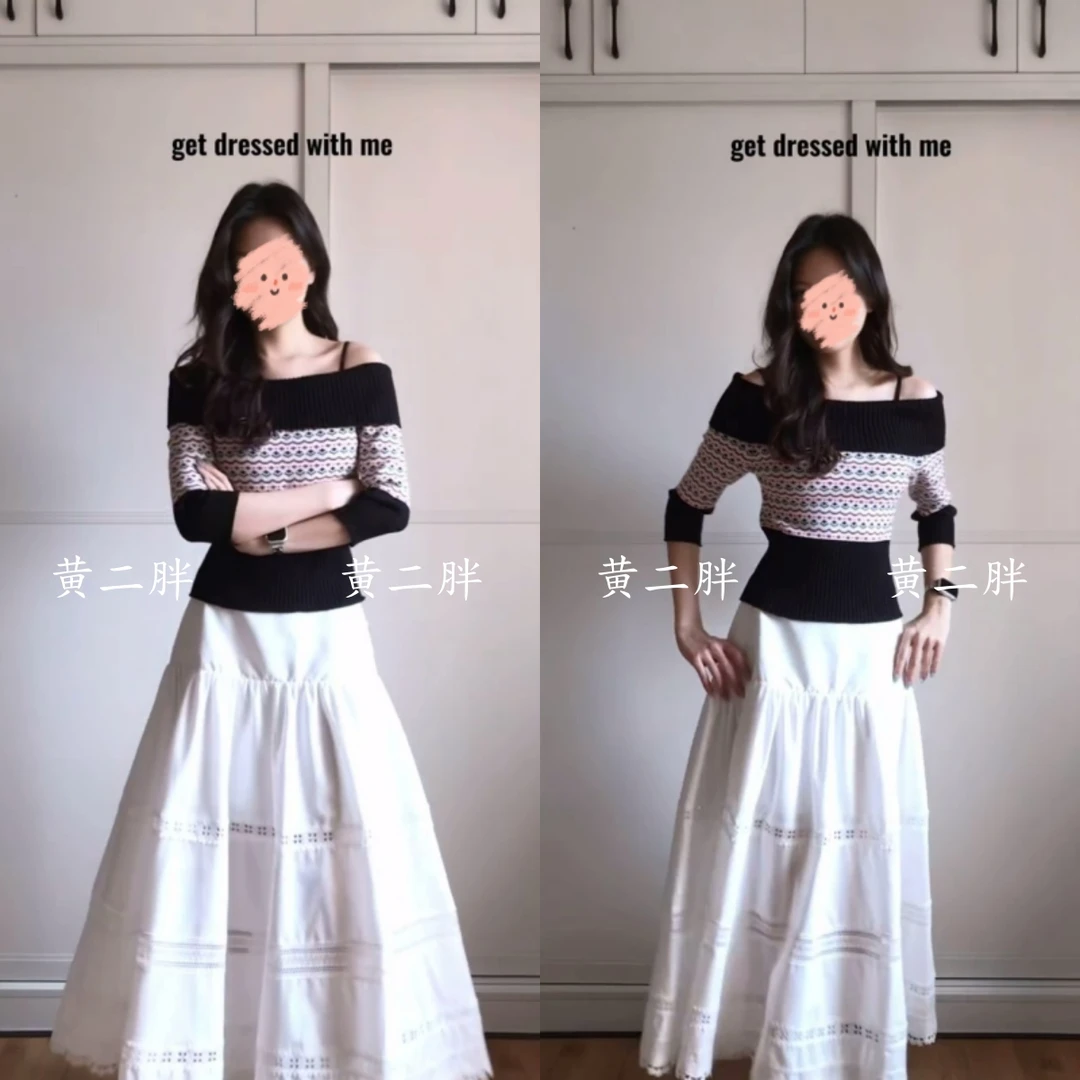 费尔岛复古提花露肩毛衣女秋季新款韩系修身显瘦短款上衣+半身裙