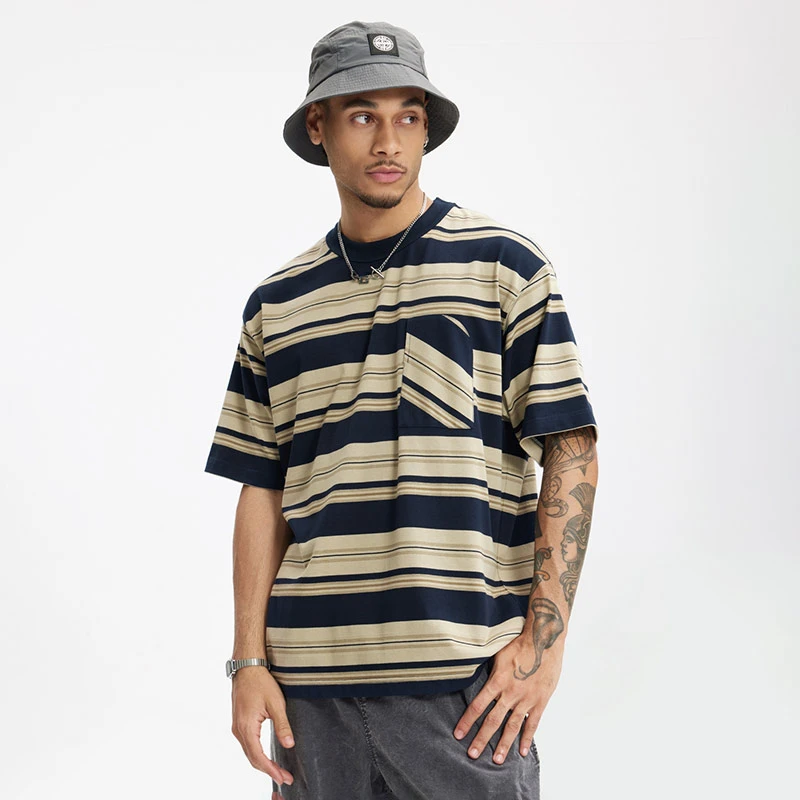 夏季日常口袋短袖休闲条纹T恤日系潮流美式半袖上衣印花