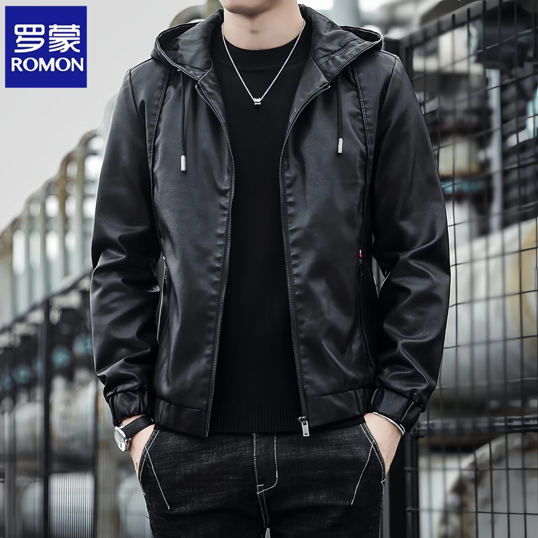 Romon/罗蒙男士潮流时尚连帽皮衣夹克春秋季新款欧美休闲防风外套