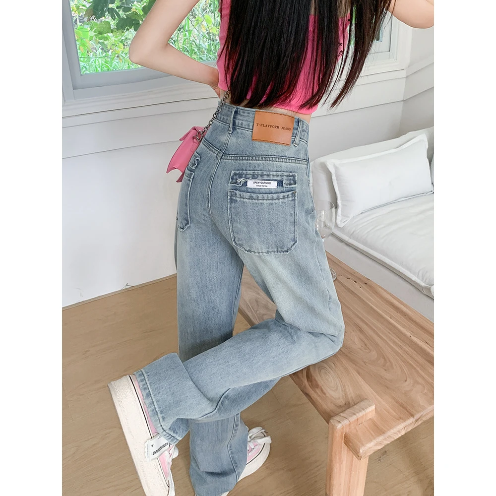 浅色百搭直筒牛仔裤高腰女夏季年新款腰小子宽松阔腿裤子女春秋季