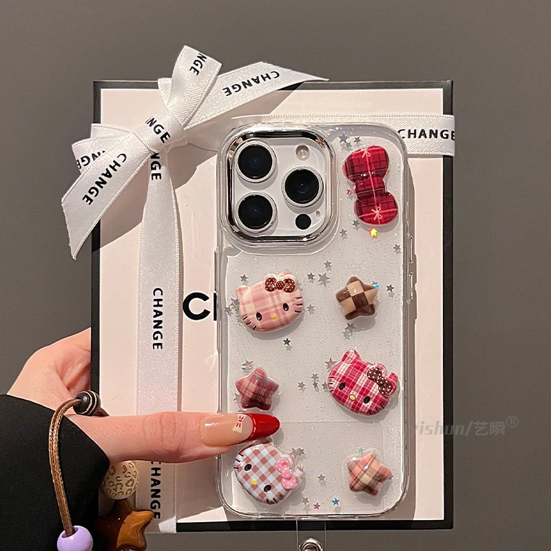 可爱简约格纹星星kt猫14适用苹果16ProMax手机壳新款iPhone15Pro