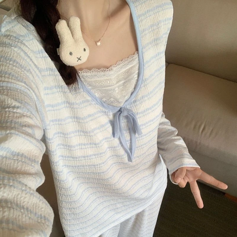 2025年新款带胸垫睡衣女春秋季韩系条纹长袖可外穿家居服秋冬套装
