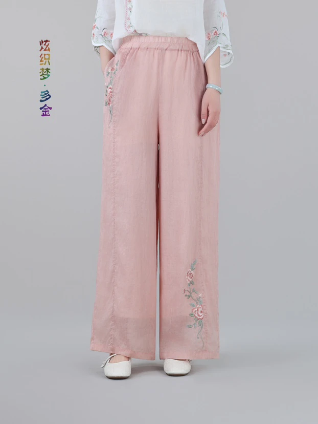炫织梦多金25夏款花朵刺绣宽松遮肉双层苎麻直筒裤休闲裤2127