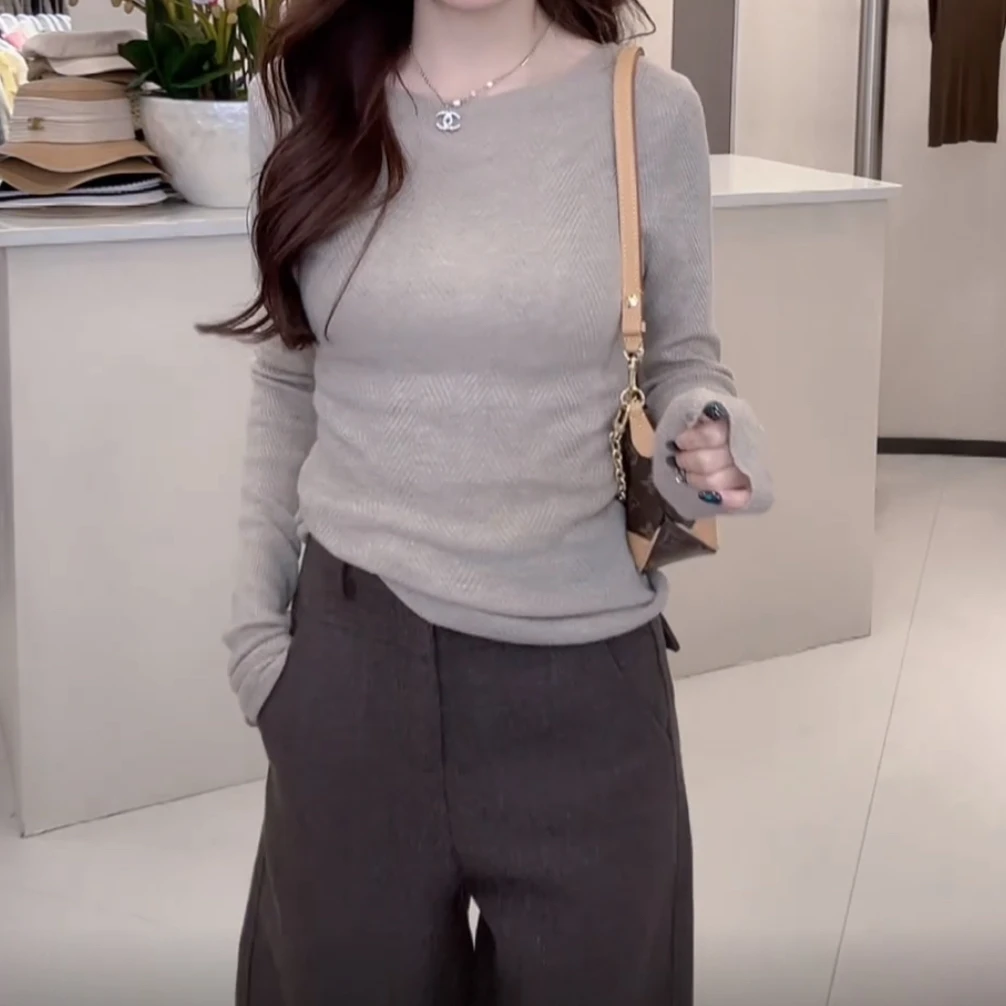 韩版一字领鱼骨纹长袖针织衫女2025新款秋季气质时尚百搭纯色上衣