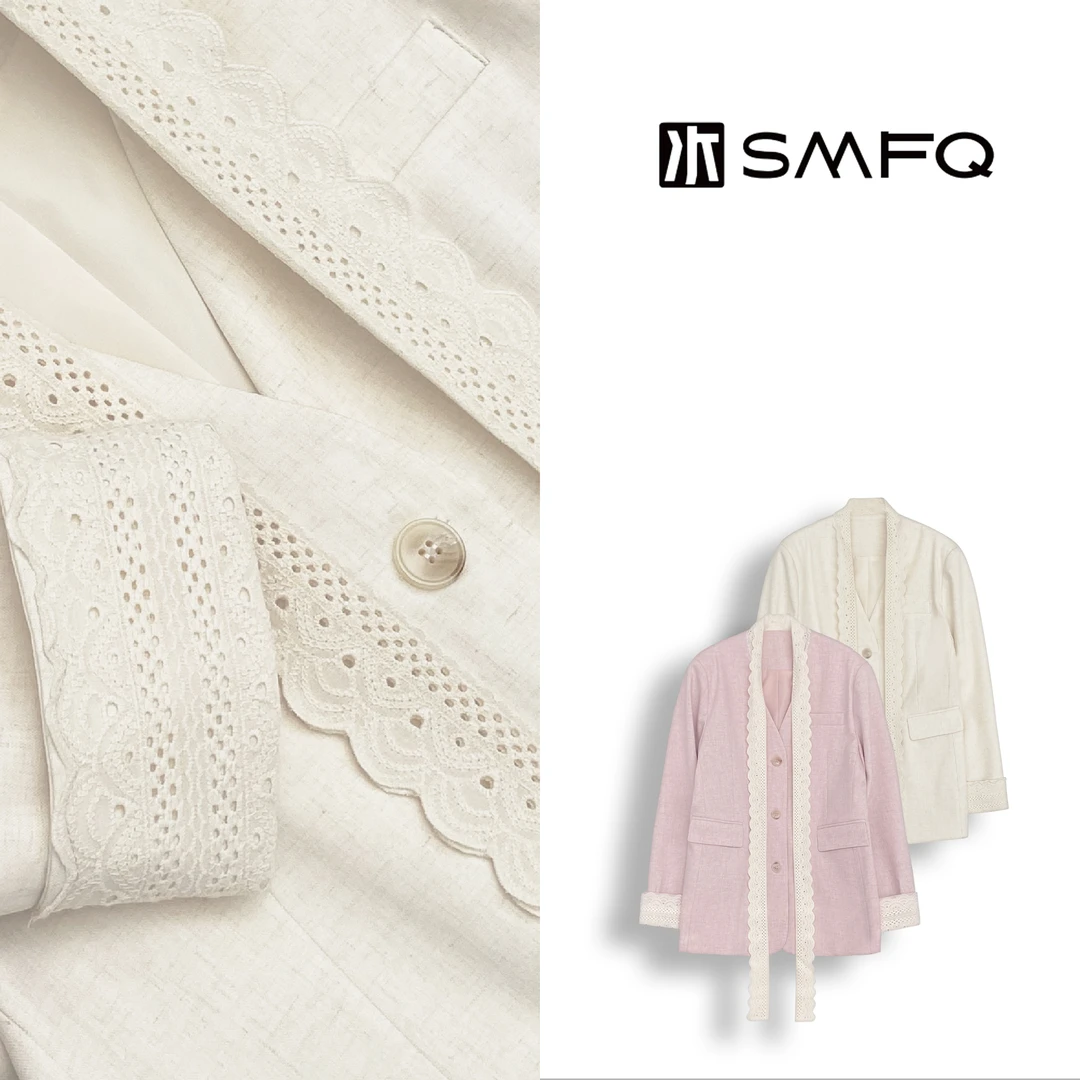 水木夫妻”樱花之恋“亚麻蕾丝带法式写意西装春季百搭西服