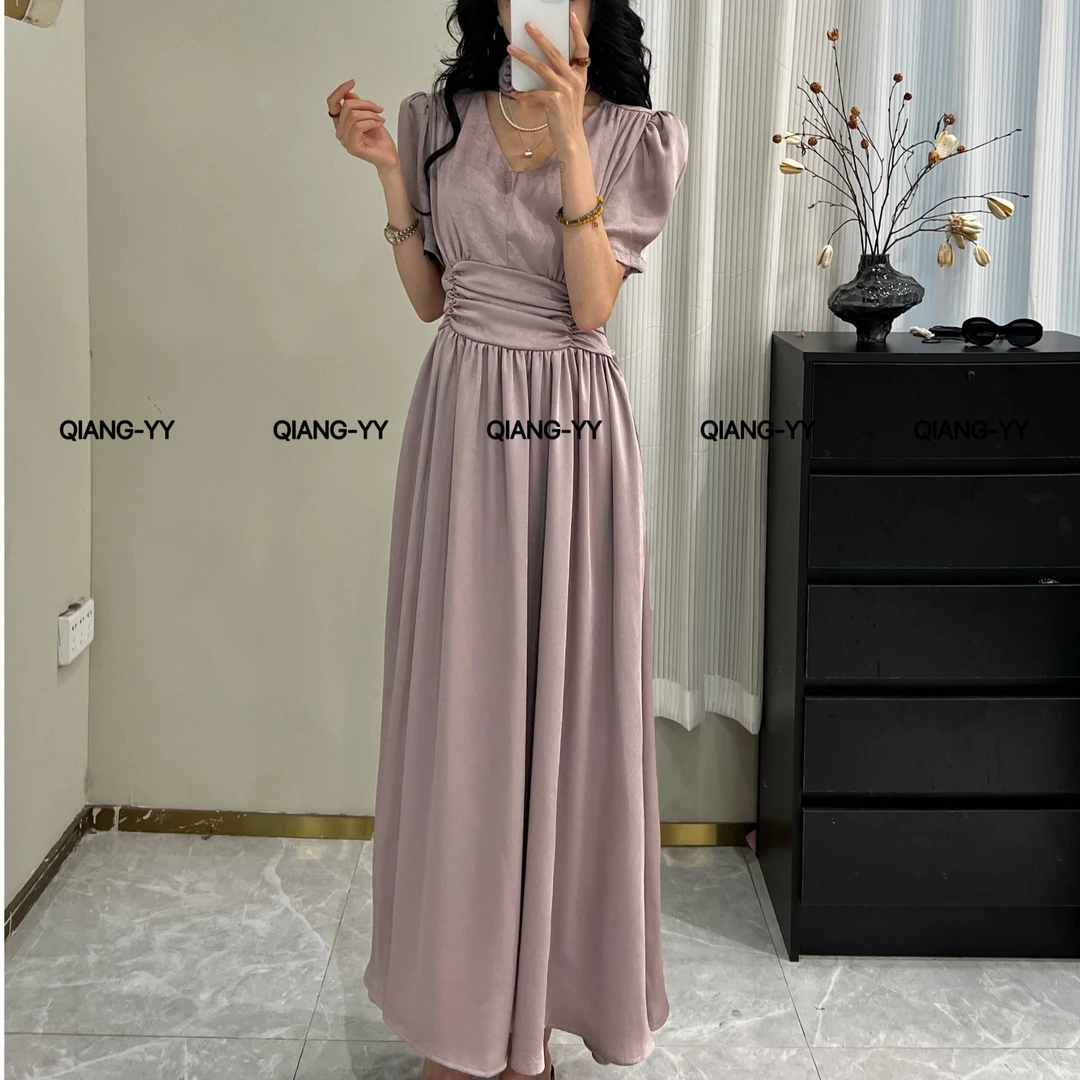 QIANG-YY法式千金风V领连衣裙温柔设计感复古女装小众休闲733