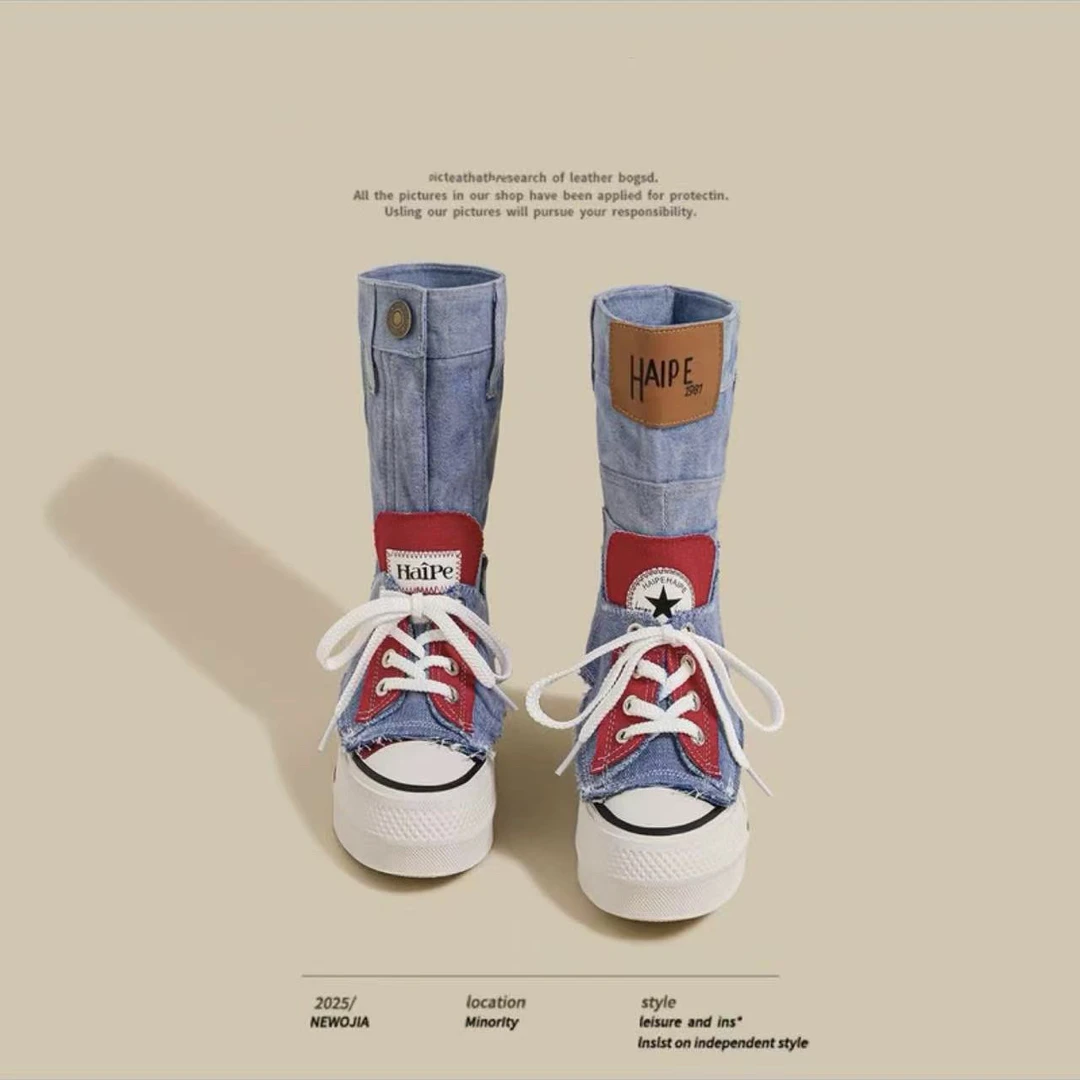 小众鸳鸯潮鞋女2025夏季薄款内增高舒适帆布凉鞋女甜酷风中筒凉靴