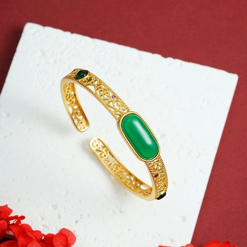 黄铜手镯 镂空百搭镯子新花金绿色宫廷中式风时尚女款民族风国风