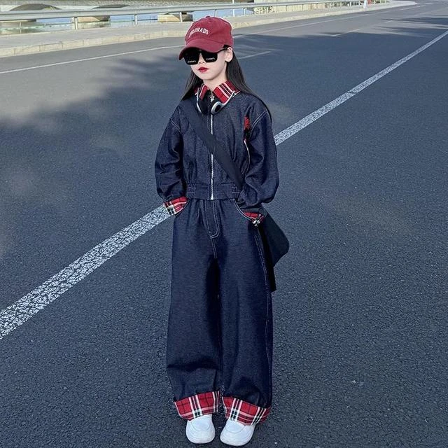 女童洋气套装2025春季新款中大儿童炸街痞帅阔腿牛仔裤两件套装潮