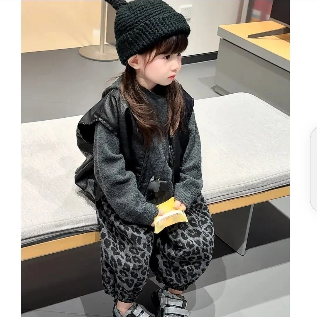 2025通用套头女豹纹卡通风套装童装外套连帽女童春秋套装三件套潮