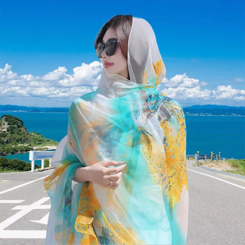 防晒披肩女海边旅游拍照民族风丝巾2024新款网红夏季薄款围巾纱巾