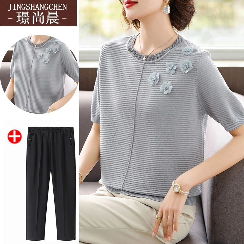 妈妈夏装短袖T恤冰丝40-50岁短款小香风中老年女装新款洋气上衣服