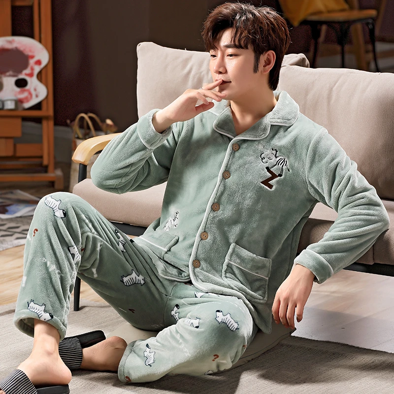男士睡衣秋冬季珊瑚绒加绒加厚保暖男款青少年大码冬天家居服套装