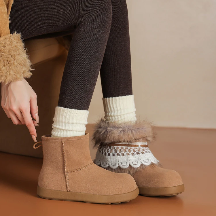 牛翻皮2.5cm~厚底磨砂皮一脚蹬流苏平底雪地靴保暖大棉冬季短靴女