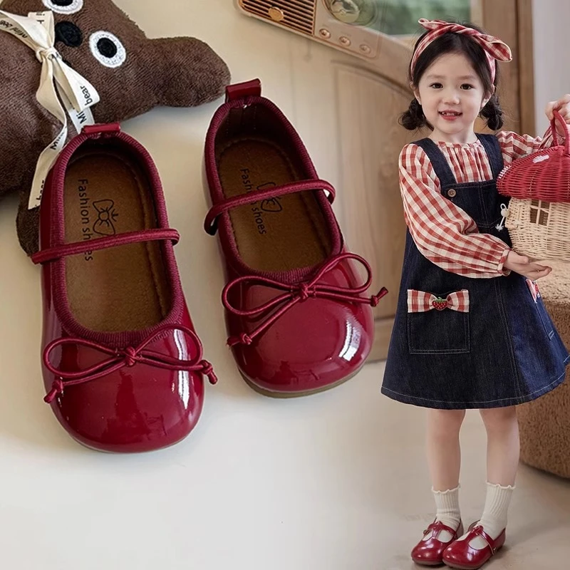 ABC女童小皮鞋2025春秋新款玛丽珍一脚蹬蝴蝶结芭蕾舞软底公主鞋