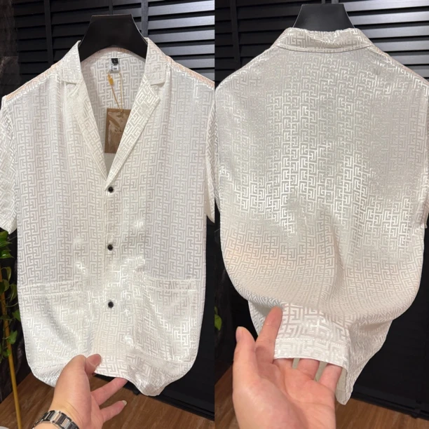 7042夏款薄料短袖短款青春潮流修身型男士西装领衬衫穿搭