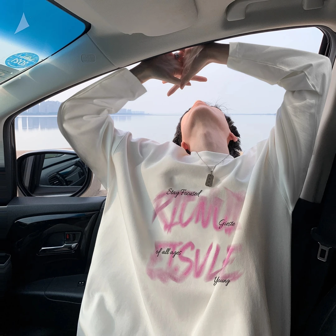 模糊字母内搭打底衫男款秋季美式情侣衣服青少年宽松重磅长袖T恤