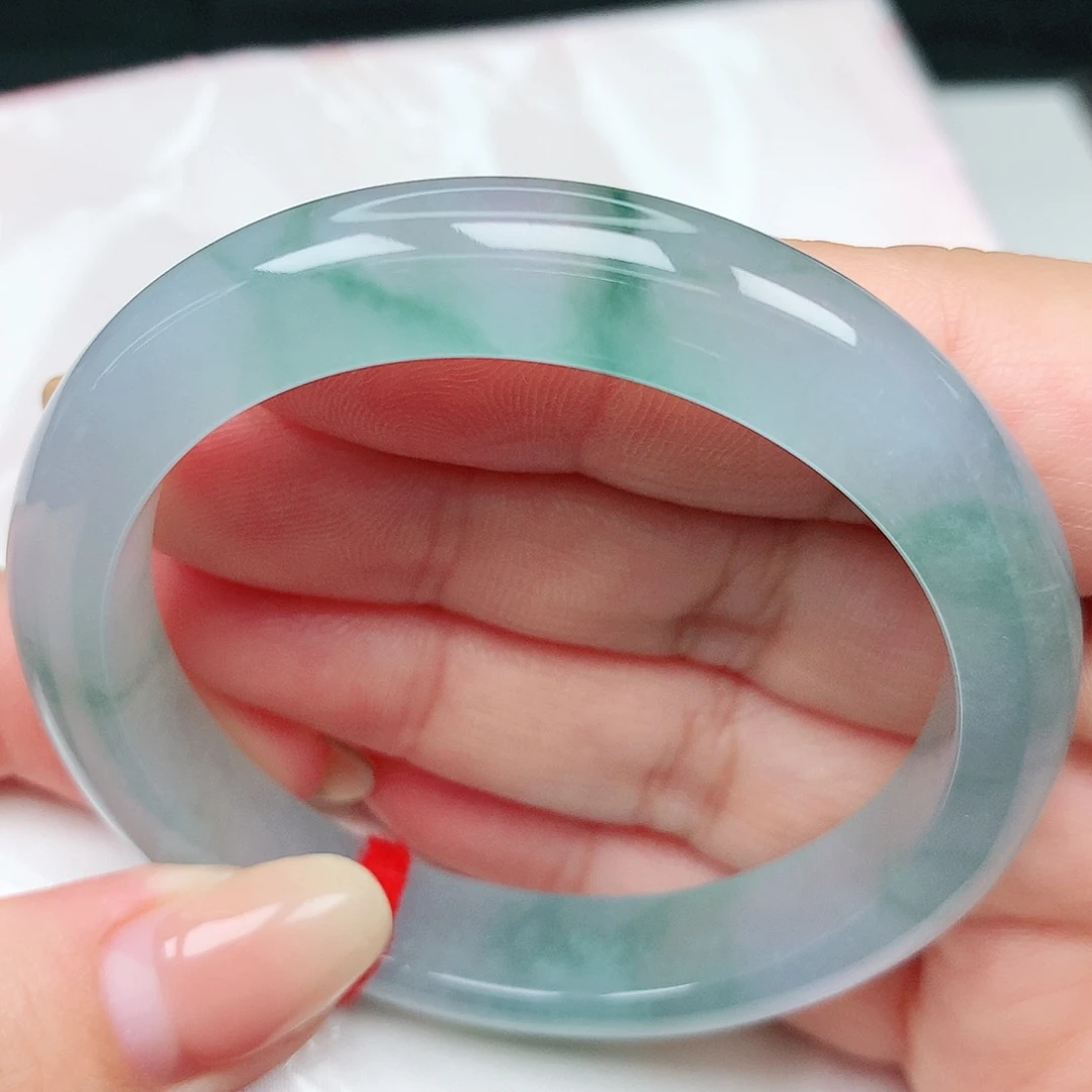 未镶嵌手镯翡翠42冰胶透飘花 冰胶共存