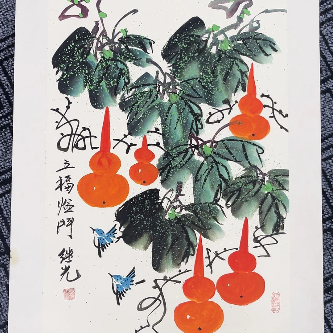 国画四尺三开花鸟作品