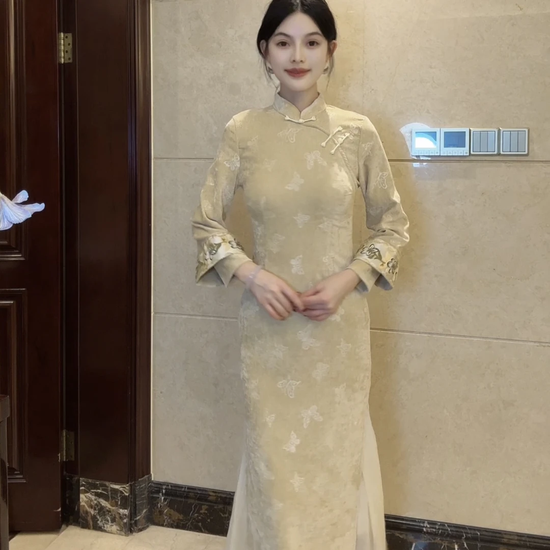 球球夫人｜黄莺）120cm秋冬新款米黄/灰蓝新中式国风长袖气质旗袍