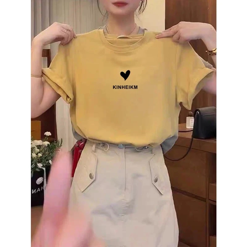 爆款黄色正肩短袖t恤女圆领时尚洋气百搭减龄上衣打底衫2025夏季