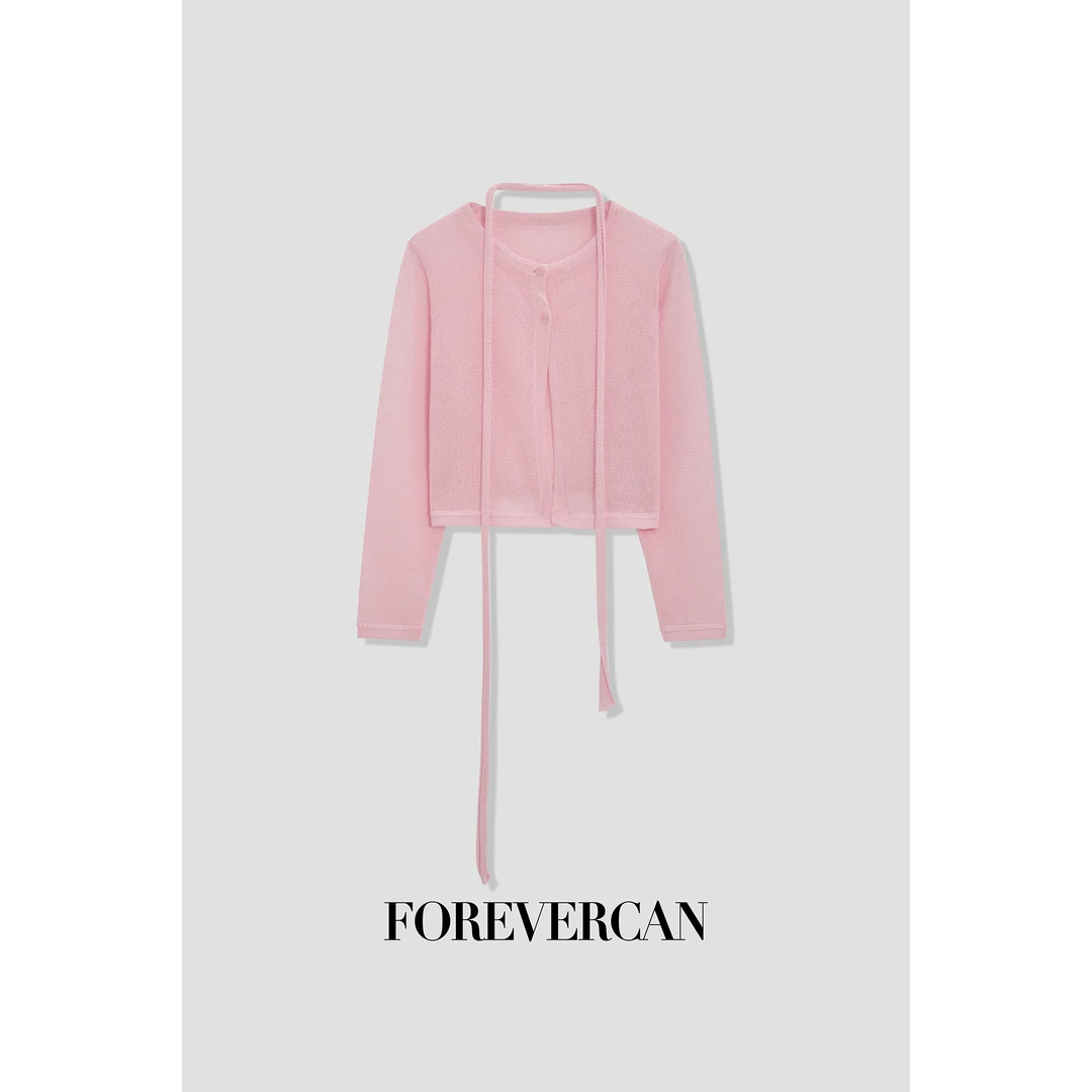 FOREVERCAN“樱花织语”系带围巾镂空网纹针织长袖开衫上衣 MY4096