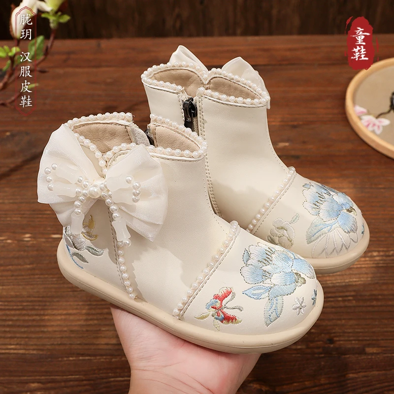 【胧玥】汉服鞋子女童中式国风古风古装儿童宝宝绣花皮鞋春秋新款