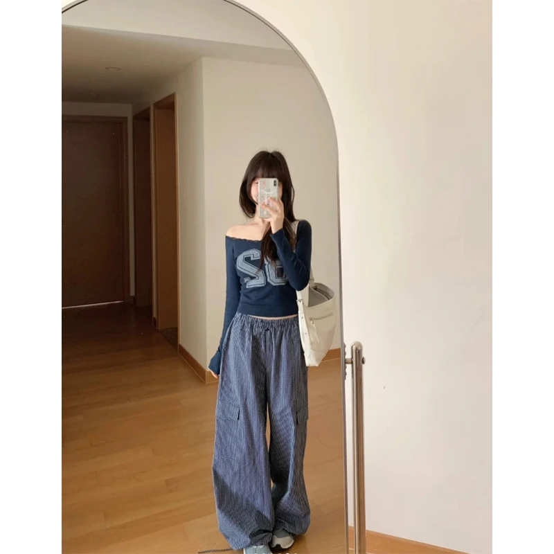 韩系慵懒风格子抽绳束脚休闲裤女新款蓝色打底上衣拖地松紧腰长裤