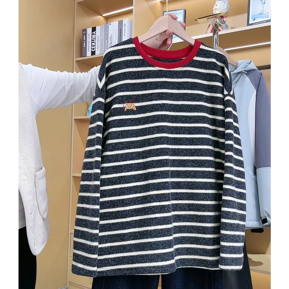 奥利奥绒女童条纹打底衫冬季2024新款女大童保暖长袖上衣