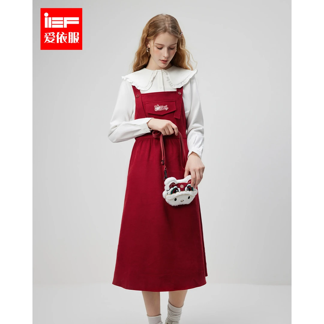 IEF/爱依服时尚套装2024冬春新款贺岁国风少女气质减龄背带套裙