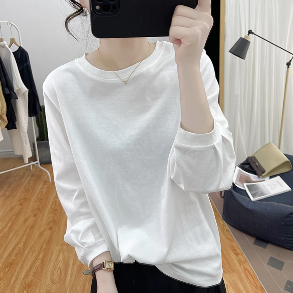 早秋新款显瘦简约褶皱七分袖纯棉t恤女韩版宽松简约百搭打底上衣