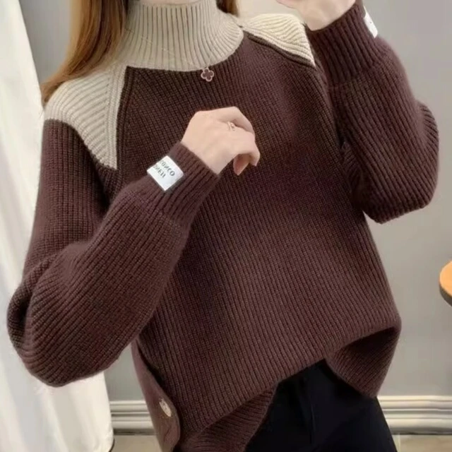 拼色半高领毛衣女宽松2025年秋冬装新款时尚百搭打底针织衫上衣潮