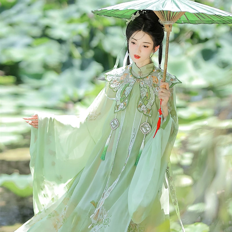 新款绿色成人汉服女明制斜襟立领长衫齐腰褶裙传统汉服云肩春秋装