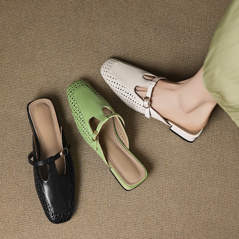 【NICESEE】3cm,春夏新款真皮镂空透气包头拖鞋女百度中跟休闲半拖