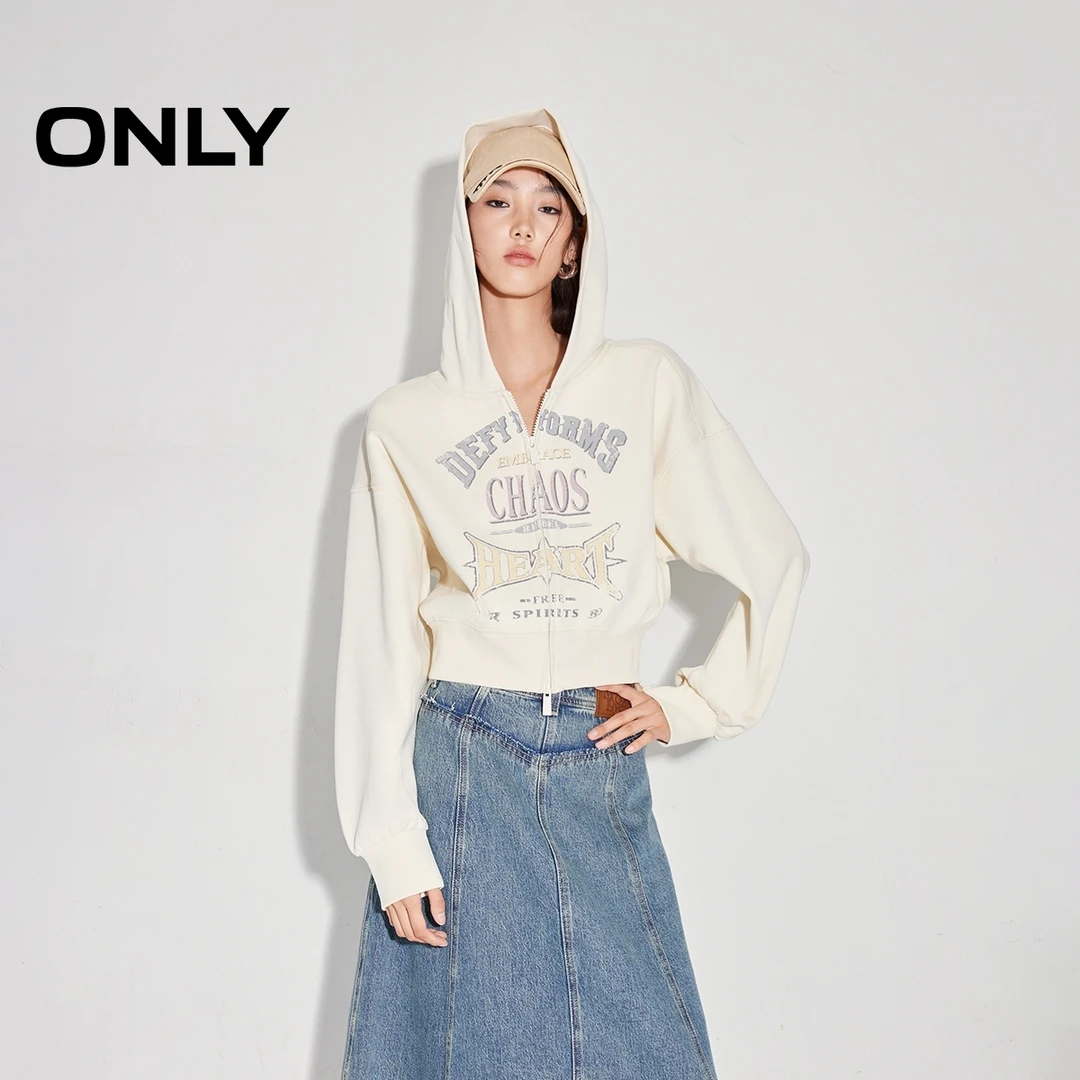 ONLY2025秋季新款休闲百搭宽松印花开衫短款连帽卫衣女|12519S018