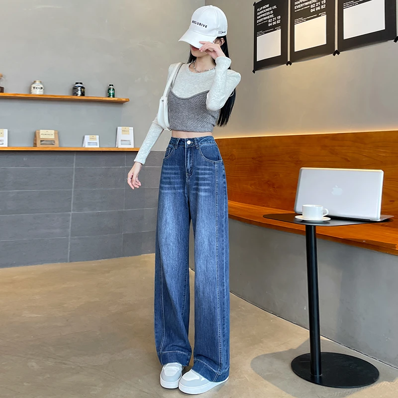 美式大码阔腿牛仔裤女2025春秋百搭直筒新款高腰宽松弹力裤子长裤