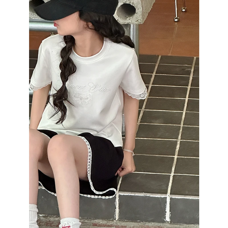 K29001 蕾丝边女童夏装T恤短袖2025新款儿童休闲上衣女大童衣服潮