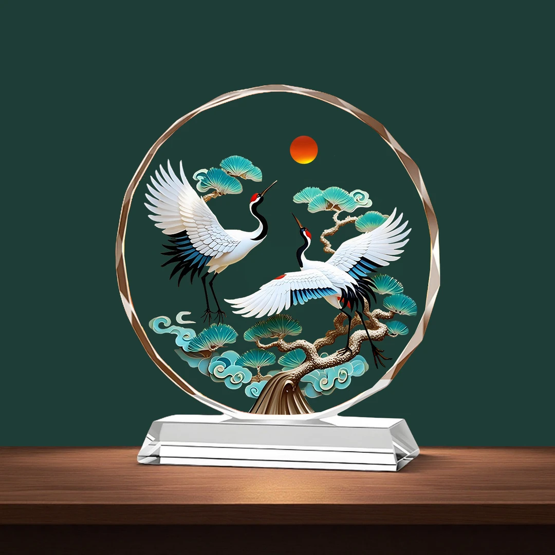 松鹤延年水晶摆件吉祥鸟桌面装饰旭日东升长辈生日祝寿长寿贺寿礼