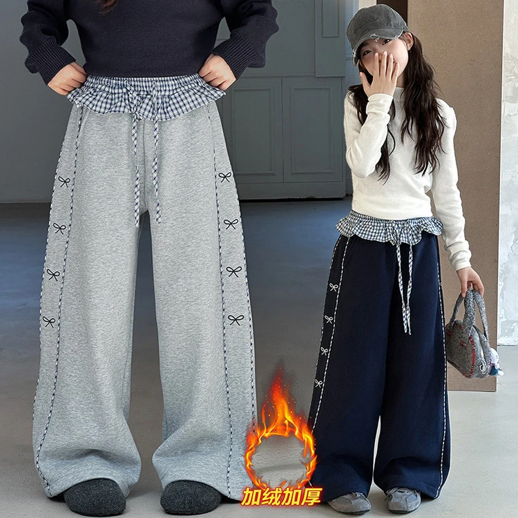 女童秋冬款拼腰格子加绒裤子2025新款中大童直筒阔腿裤女孩休闲裤