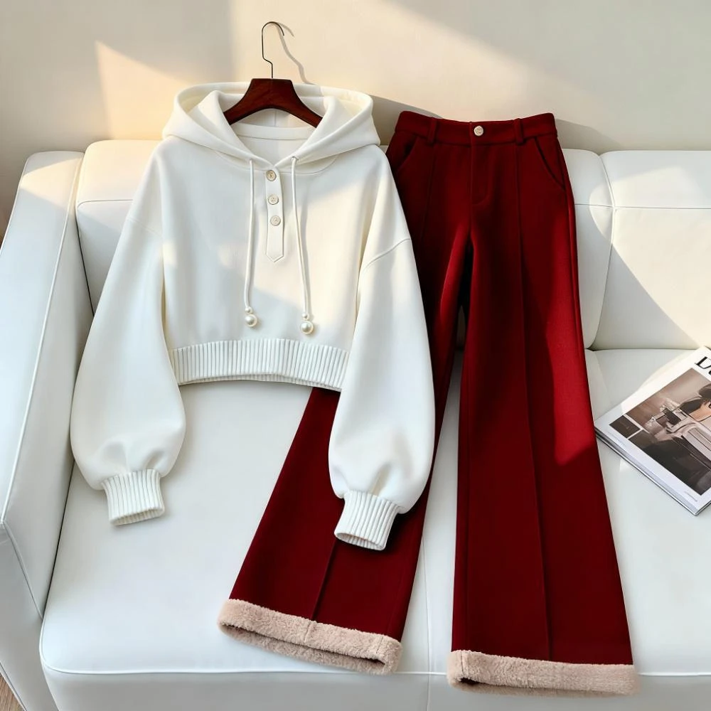 秋冬季新款爆款小众韩系白色连帽卫衣红色轻熟风百搭阔腿裤两件套