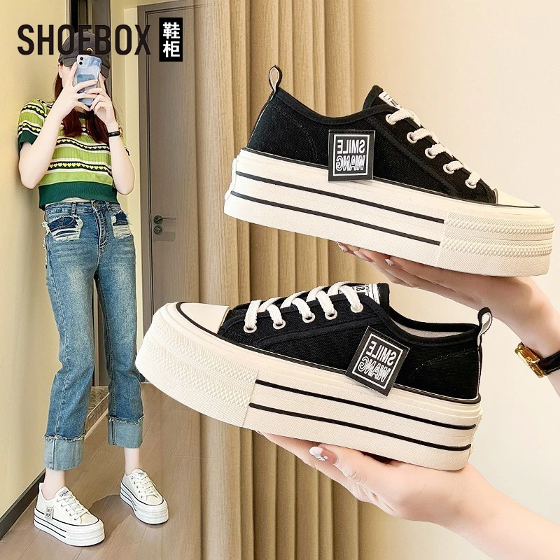 SHOEBOX鞋柜厚底帆布鞋2025夏新款松糕女鞋增高小白鞋透气板鞋