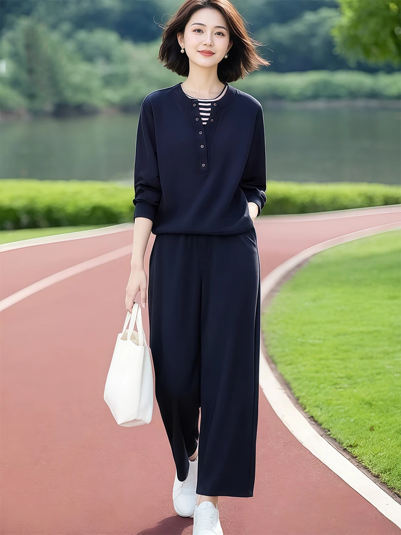 2025秋季轻奢穿搭套装时尚休闲藏青色卫衣+高腰松紧腰长裤两件套