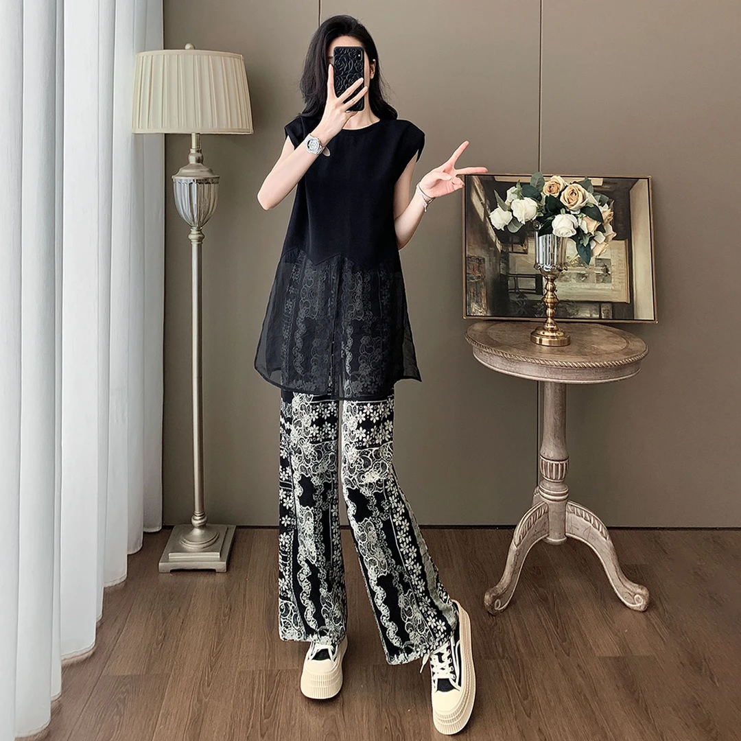 气质欧货休闲套装女夏装新款洋气减龄设计感开叉上衣阔腿裤两件套
