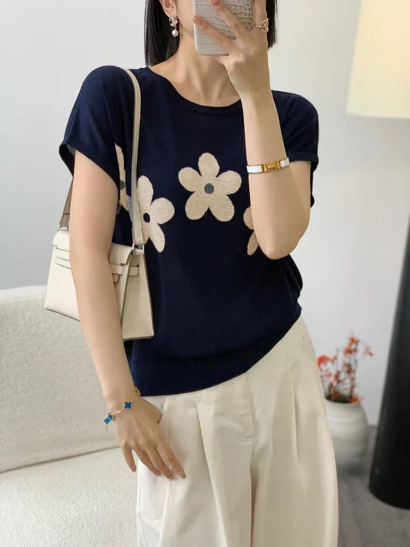 100%莱赛尔天丝优雅精致小花气质休闲百搭夏季气质针织短袖女