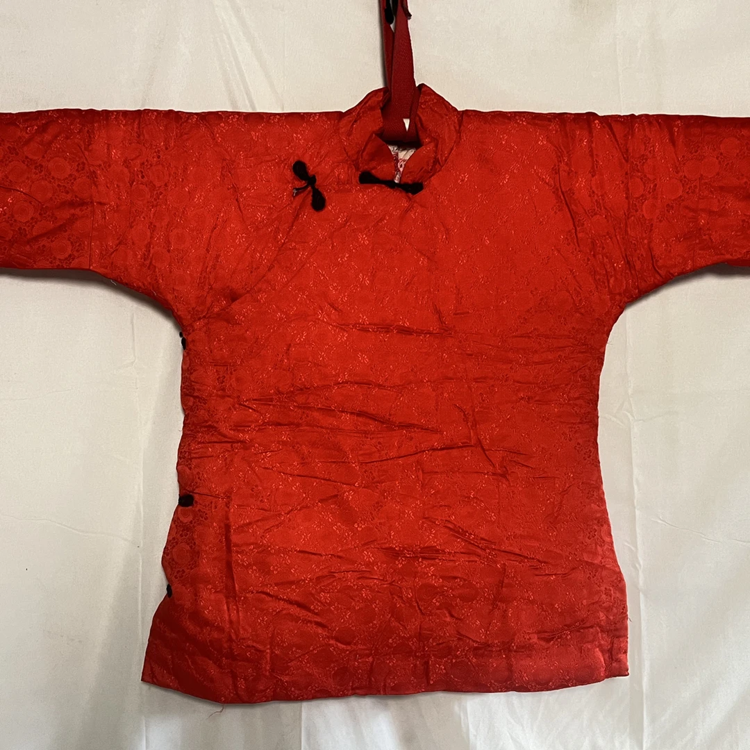 女式红色真丝提花宝相团回字纹手工大襟棉花棉袄纯棉内里枇杷盘扣