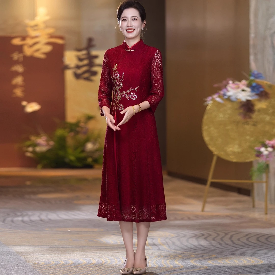 yhfs7318喜婆婆婚宴装礼服裙2025新款结婚旗袍年轻款酒红色连衣裙