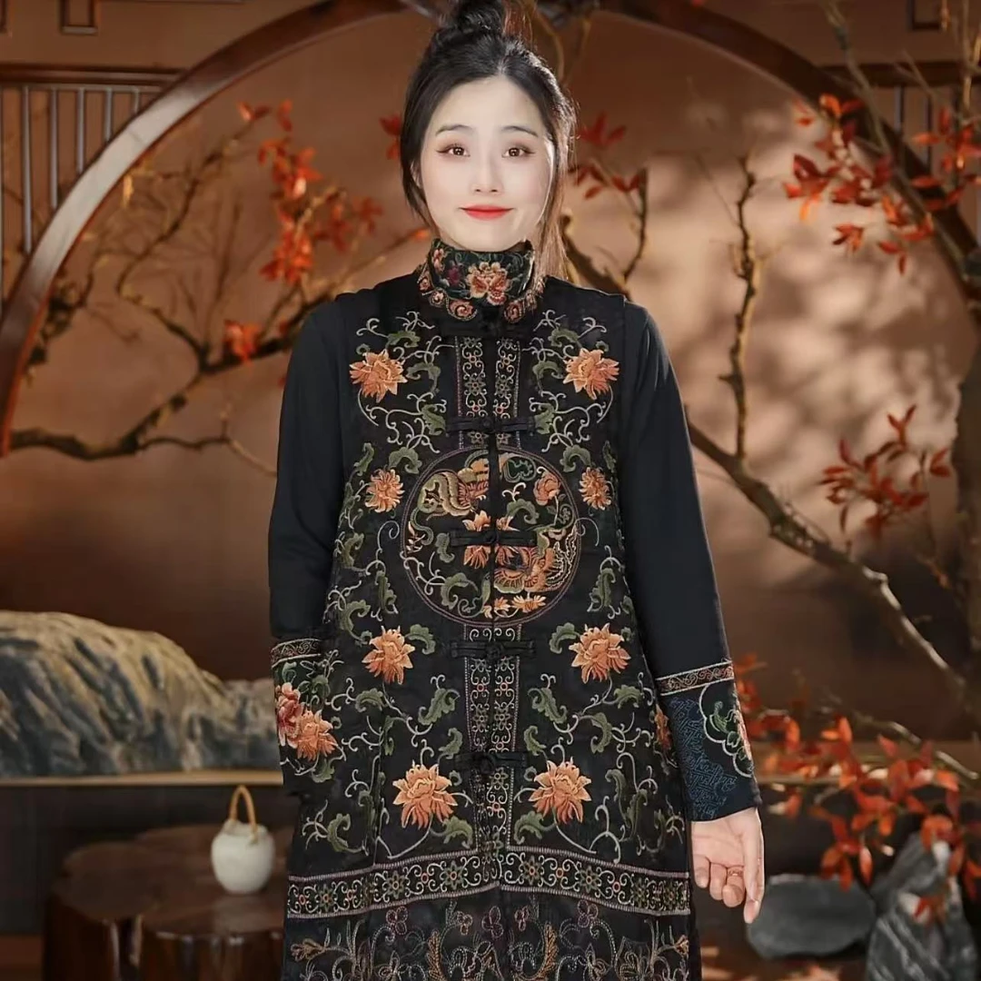 婉香秋冬新款重工刺绣国风中长马甲3691