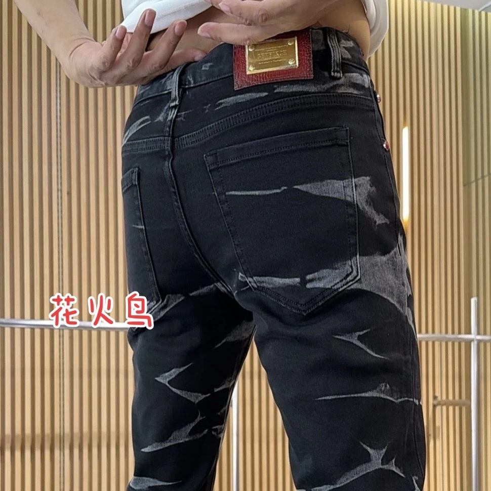 花火鸟1秋季复古港风印染长裤低腰牛仔裤小脚裤潮流修身2298